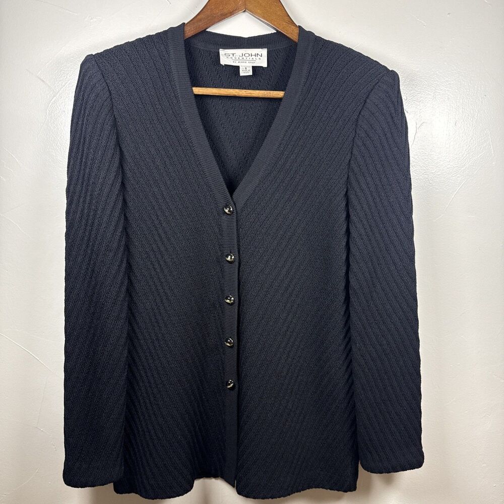St. John Navy Blue Cardigan Sweater Size 8 Classic Luxury Old Money Dog Show
